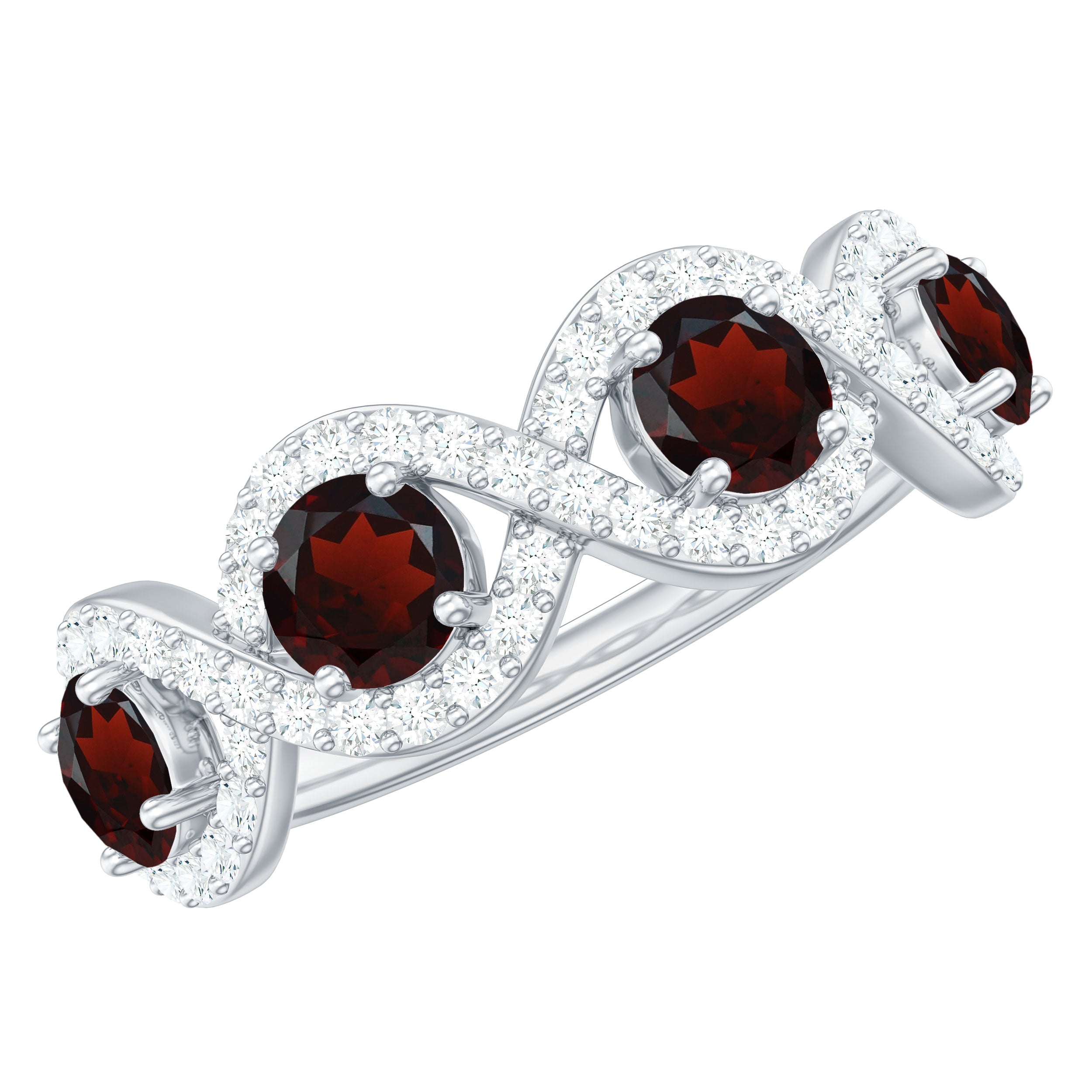 Natural Garnet Diamond Infinity Eternity Ring with Braided Shank