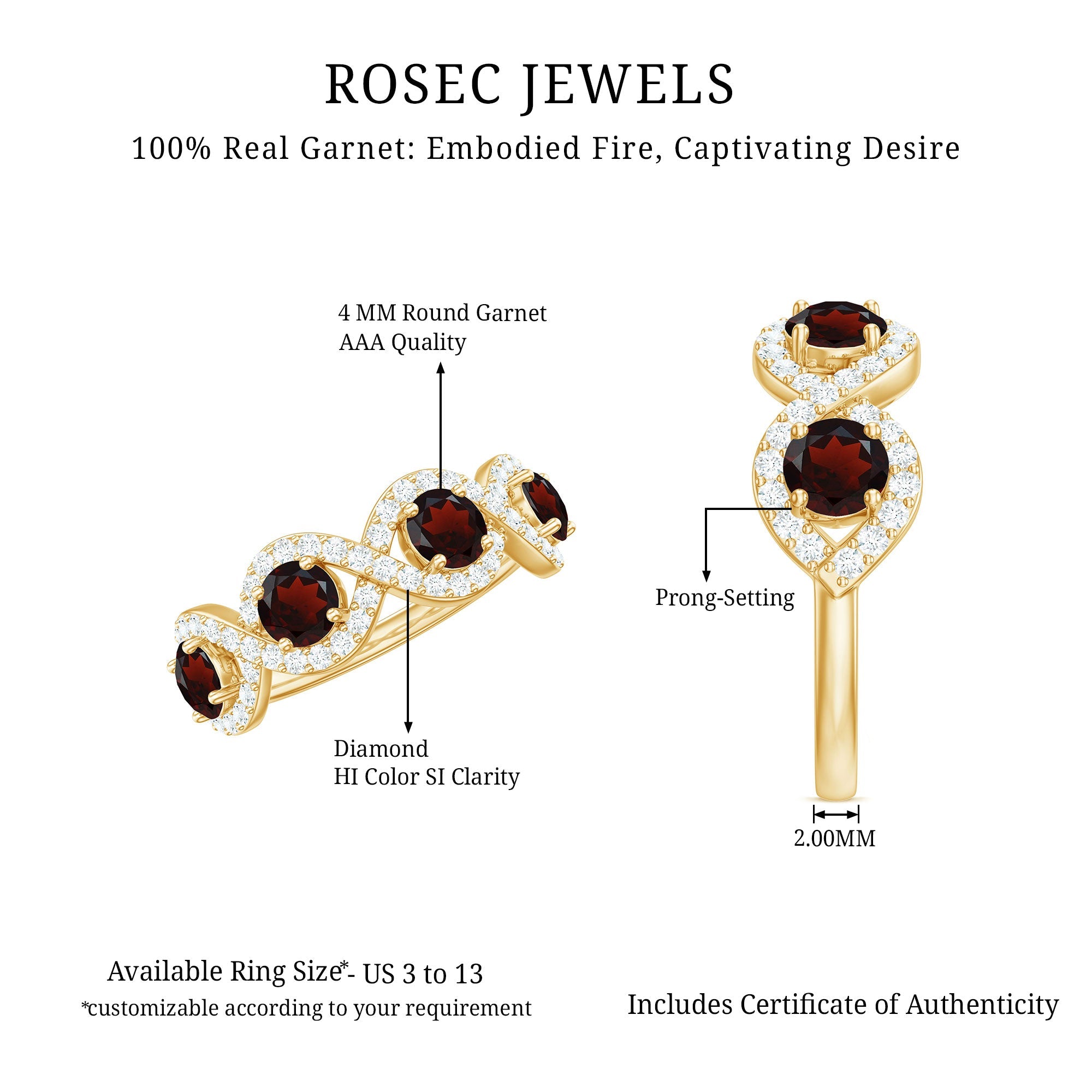 Natural Garnet Diamond Infinity Eternity Ring with Braided Shank