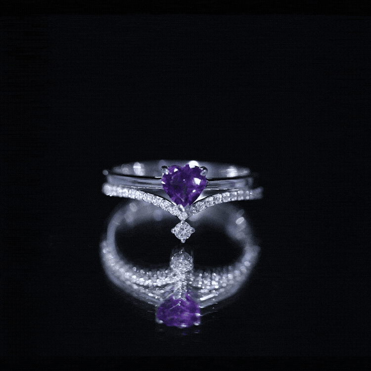 Natural Amethyst Solitaire Heart Ring Set with Diamond