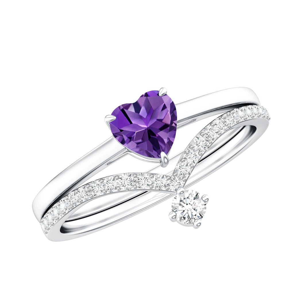 Natural Amethyst Solitaire Heart Ring Set with Diamond