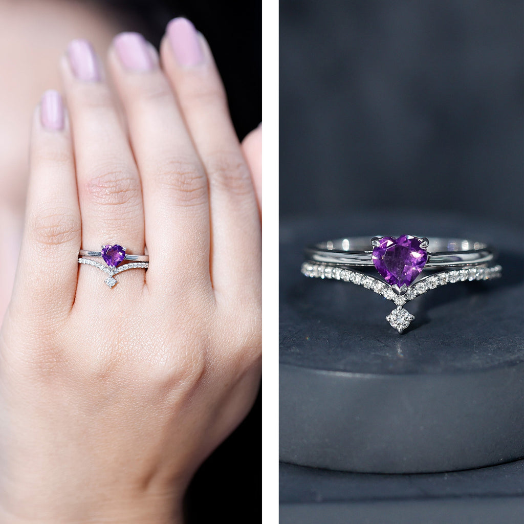 Natural Amethyst Solitaire Heart Ring Set with Diamond