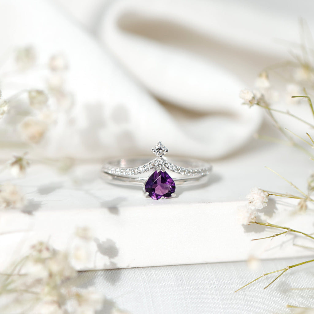Natural Amethyst Solitaire Heart Ring Set with Diamond