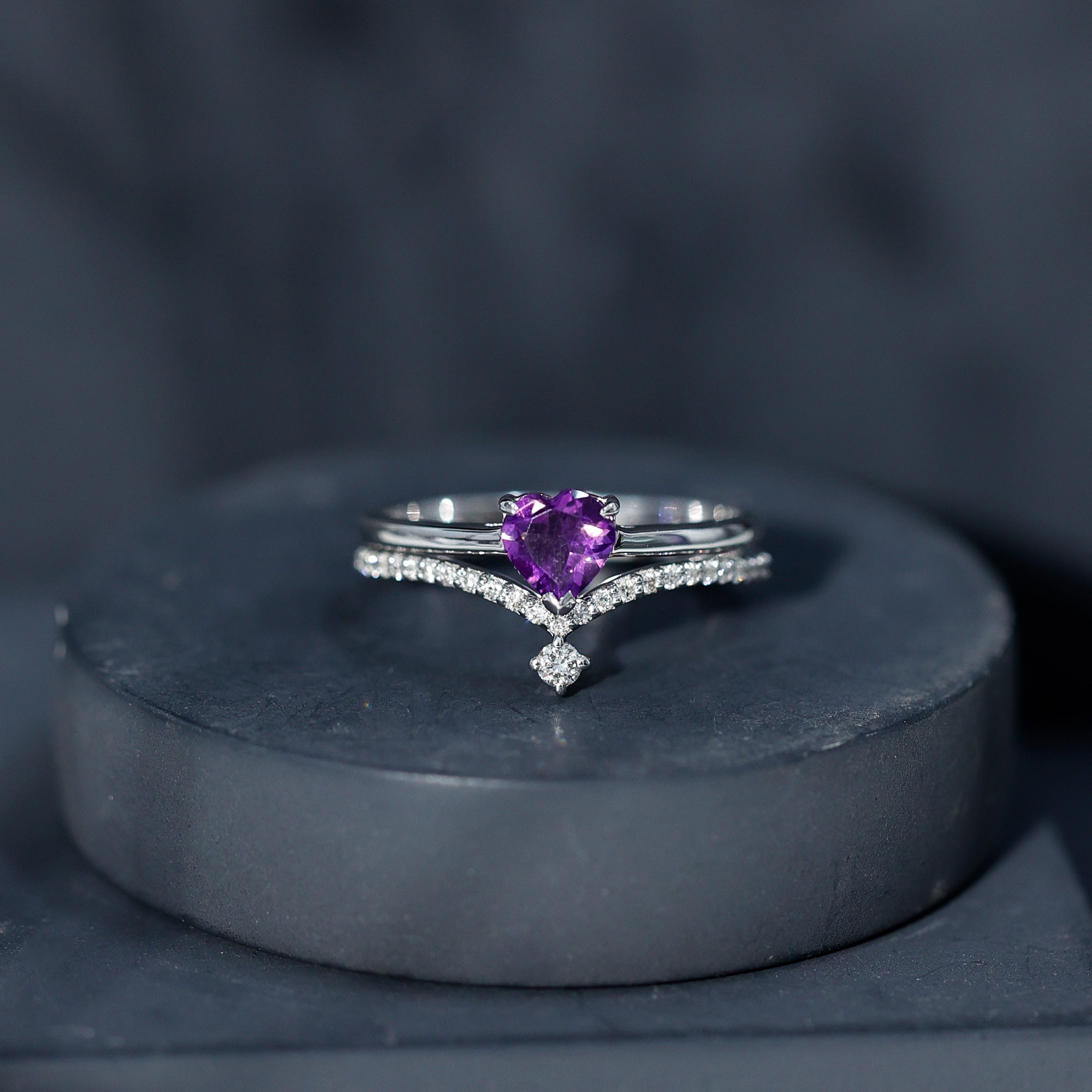 Natural Amethyst Solitaire Heart Ring Set with Diamond