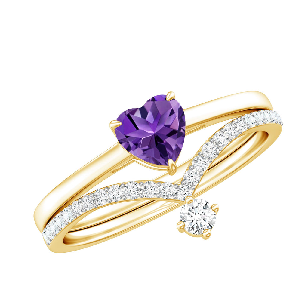 Natural Amethyst Solitaire Heart Ring Set with Diamond