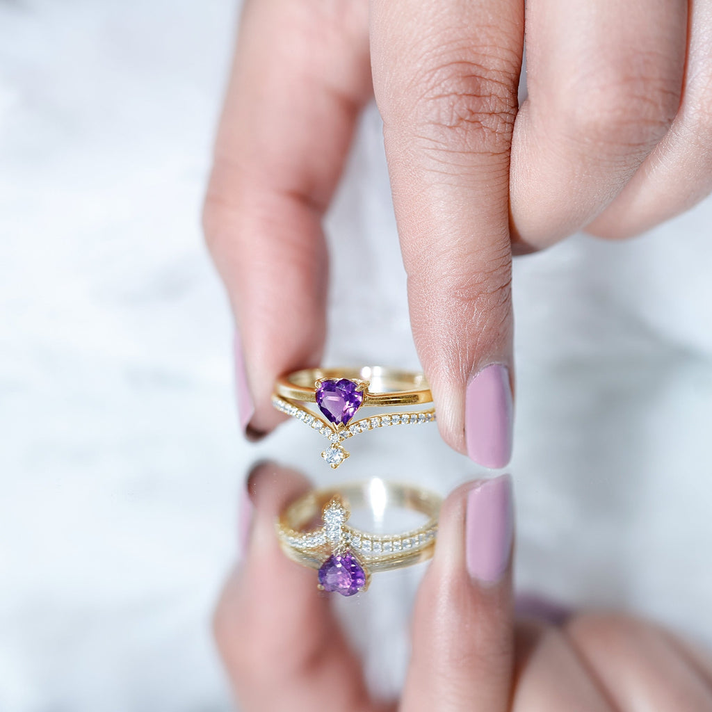 Natural Amethyst Solitaire Heart Ring Set with Diamond