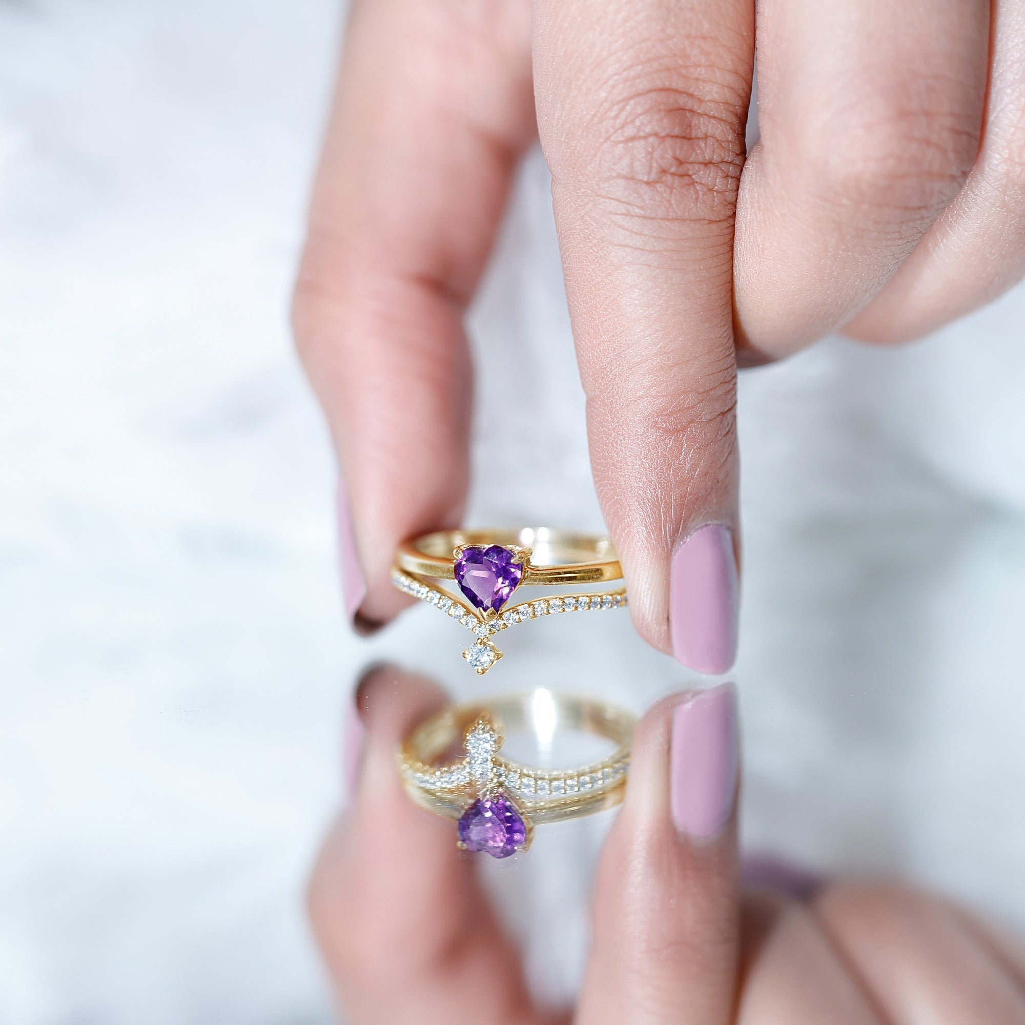 Natural Amethyst Solitaire Heart Ring Set with Diamond
