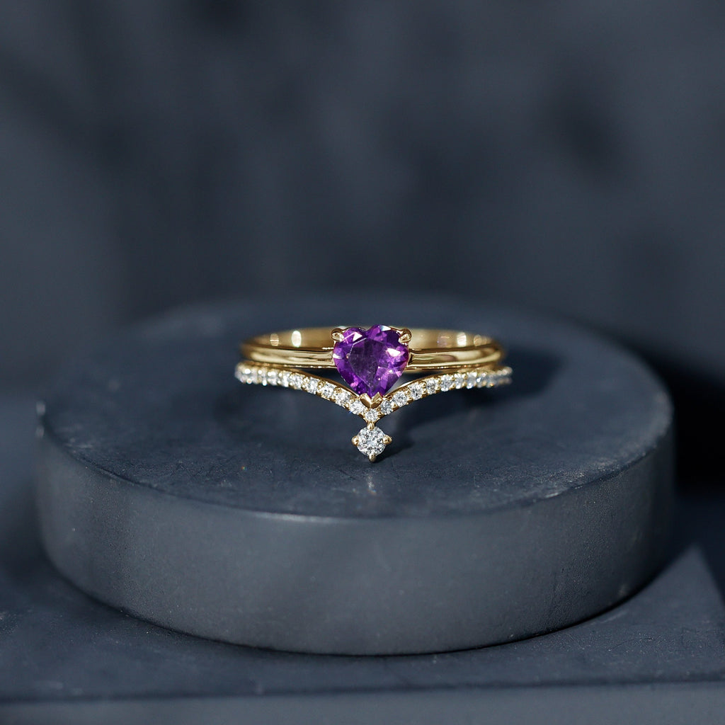 Natural Amethyst Solitaire Heart Ring Set with Diamond