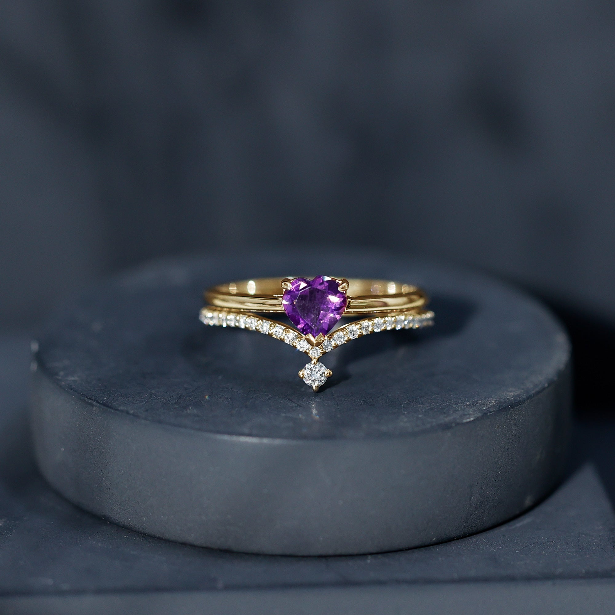 Natural Amethyst Solitaire Heart Ring Set with Diamond
