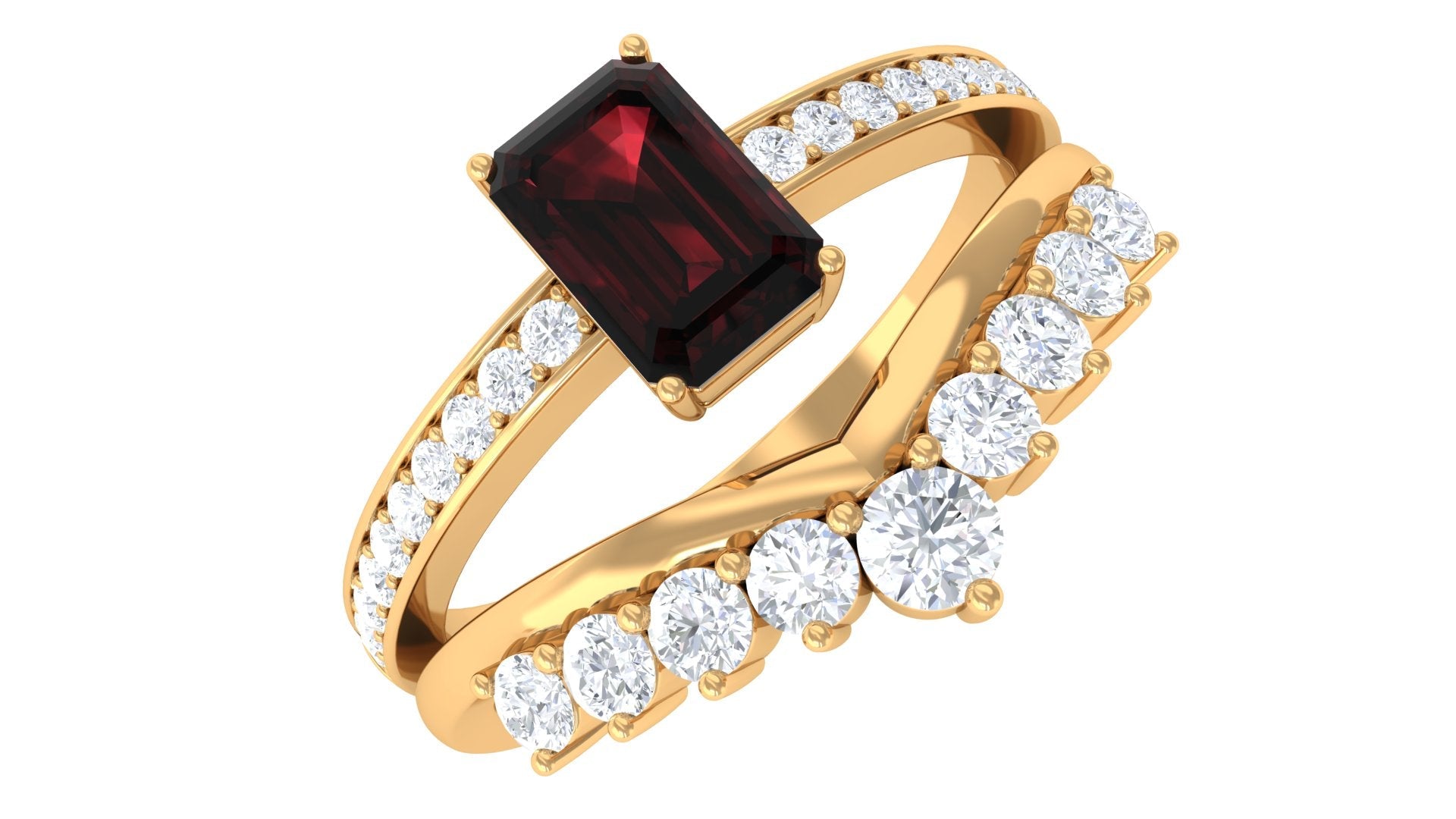 Natural Garnet Emerald Cut Engagement Ring With Diamond Wedding Band