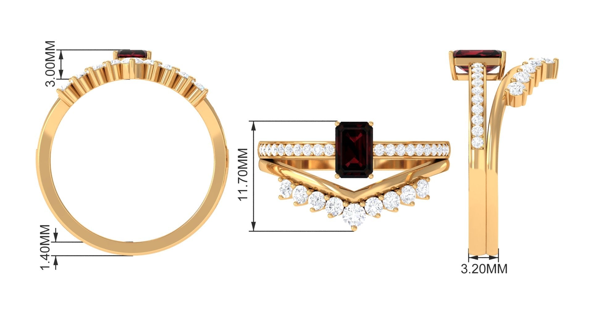 Natural Garnet Emerald Cut Engagement Ring With Diamond Wedding Band