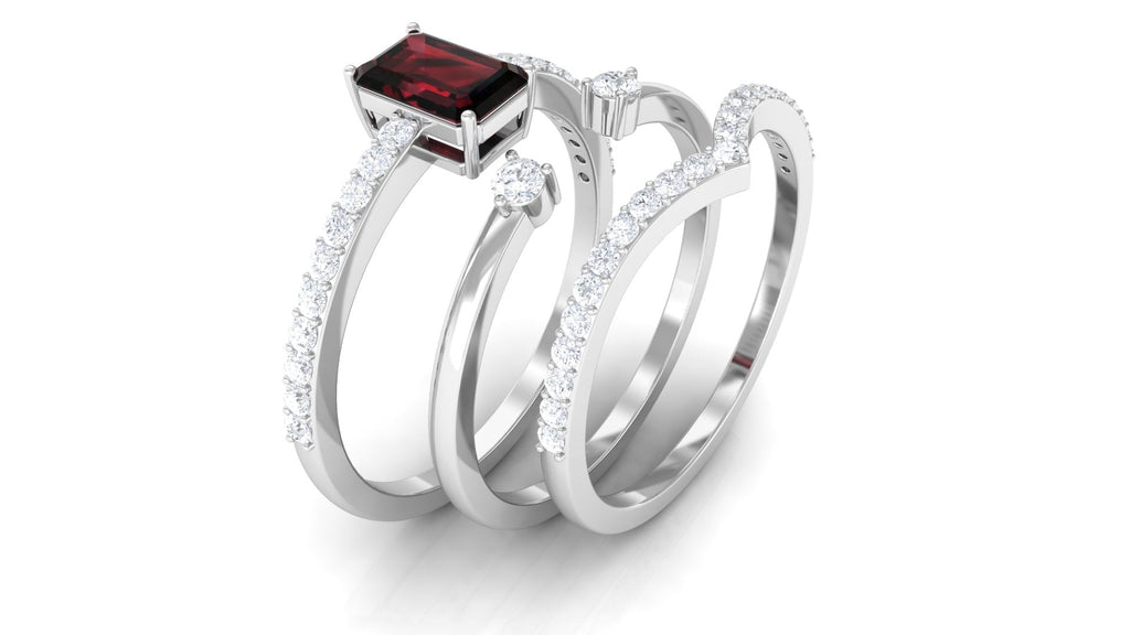 Natural Emerald Cut Garnet Diamond Wedding Bridal Ring Set of 3