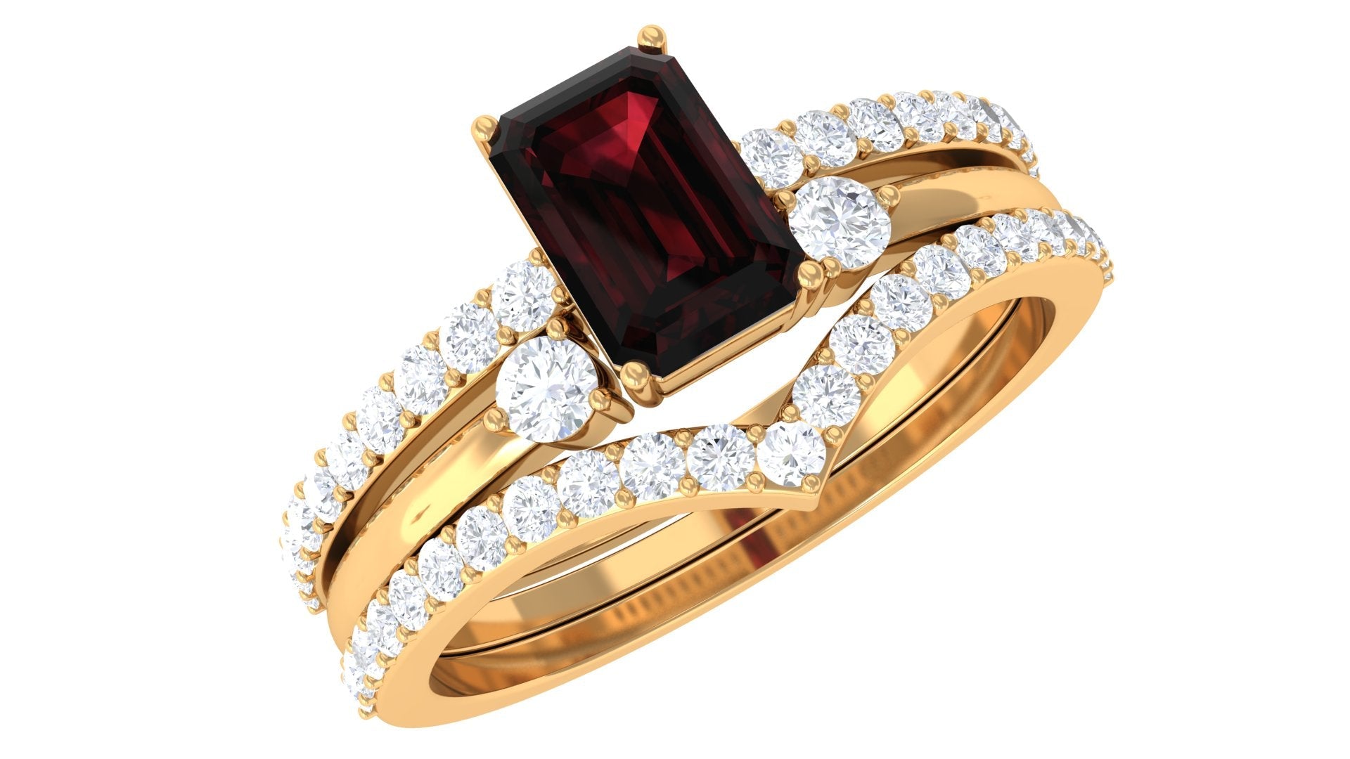 Natural Emerald Cut Garnet Diamond Wedding Bridal Ring Set of 3
