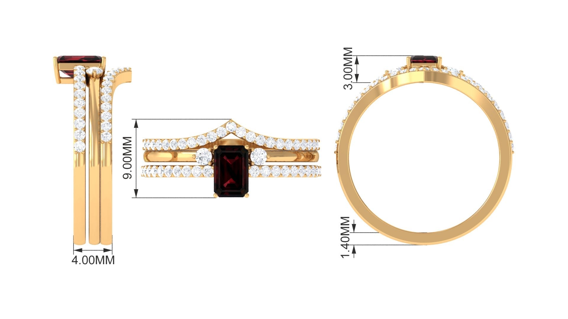 Natural Emerald Cut Garnet Diamond Wedding Bridal Ring Set of 3