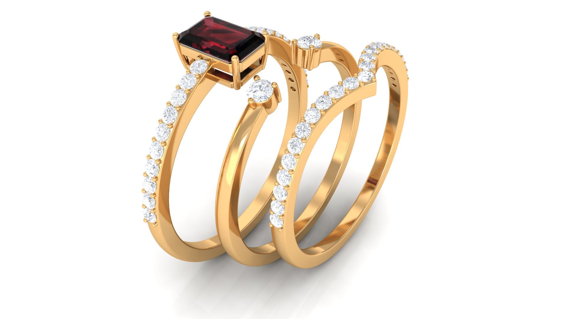 Natural Emerald Cut Garnet Diamond Wedding Bridal Ring Set of 3