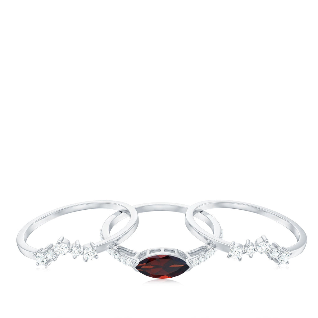 Natural Garnet Marquise Engagement Wedding Ring Set of 3 with Diamond