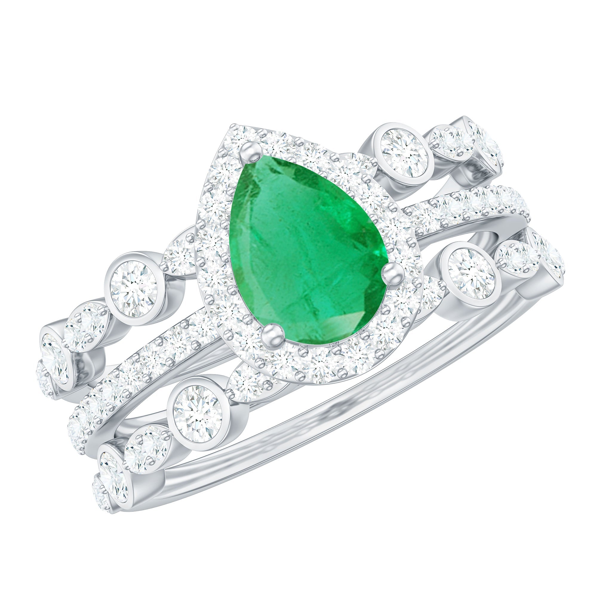 Natural Emerald Teardrop Engagement Ring and Wedding Band Set of 3