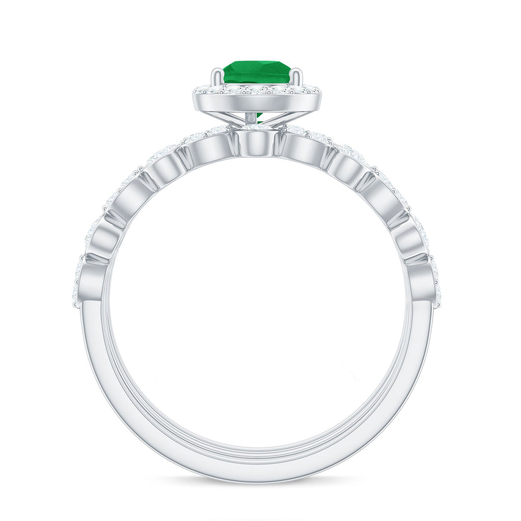 Natural Emerald Teardrop Engagement Ring and Wedding Band Set of 3