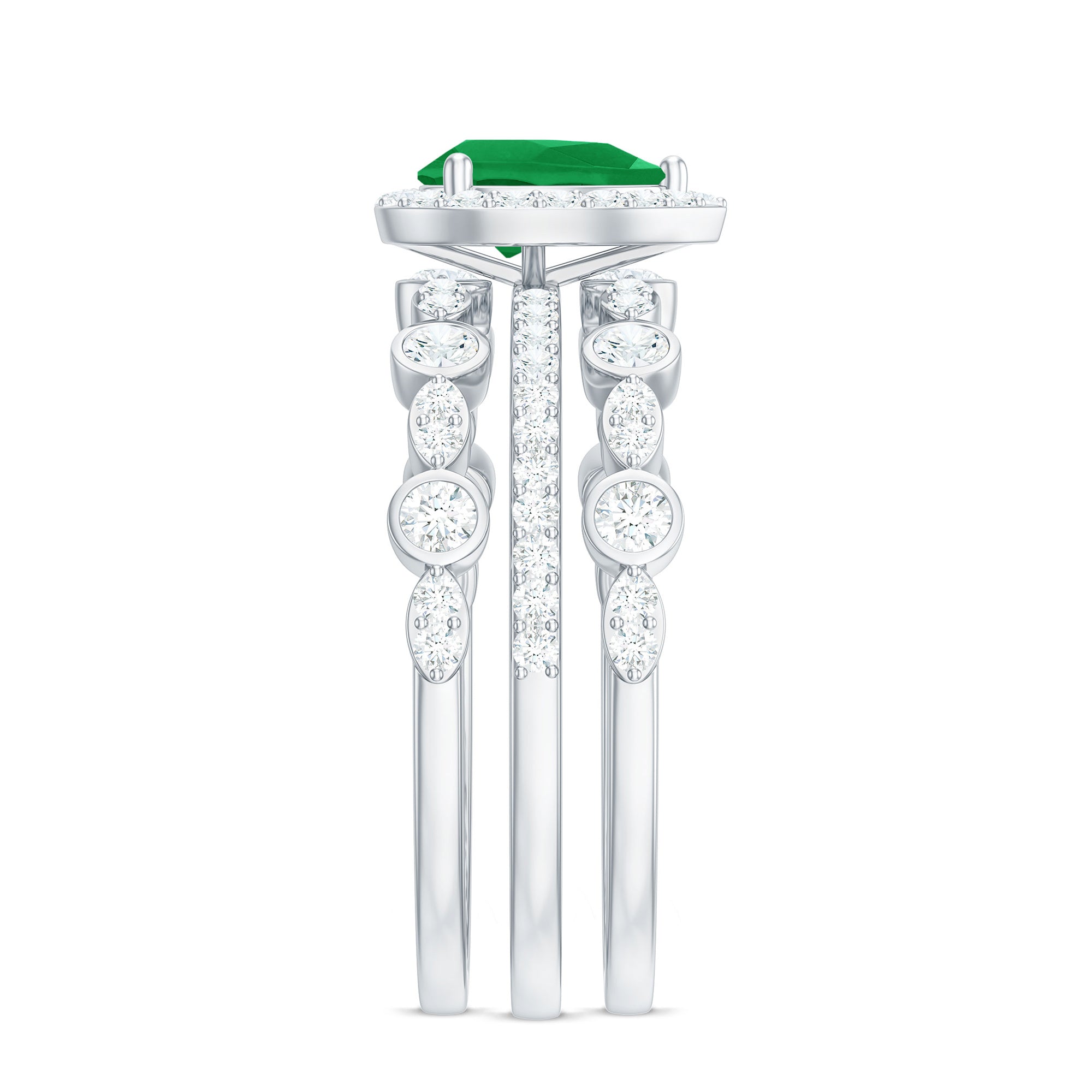 Natural Emerald Teardrop Engagement Ring and Wedding Band Set of 3