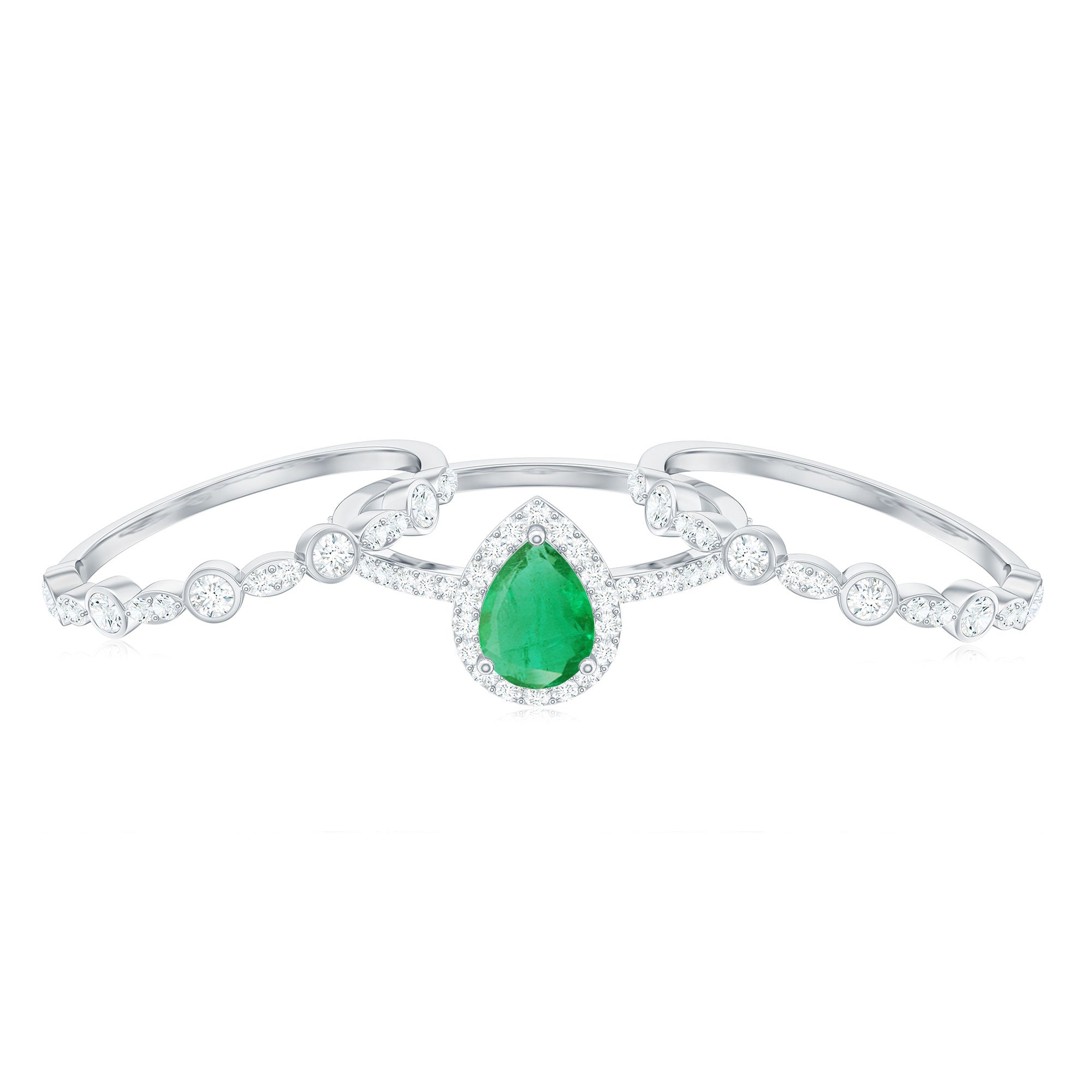Natural Emerald Teardrop Engagement Ring and Wedding Band Set of 3