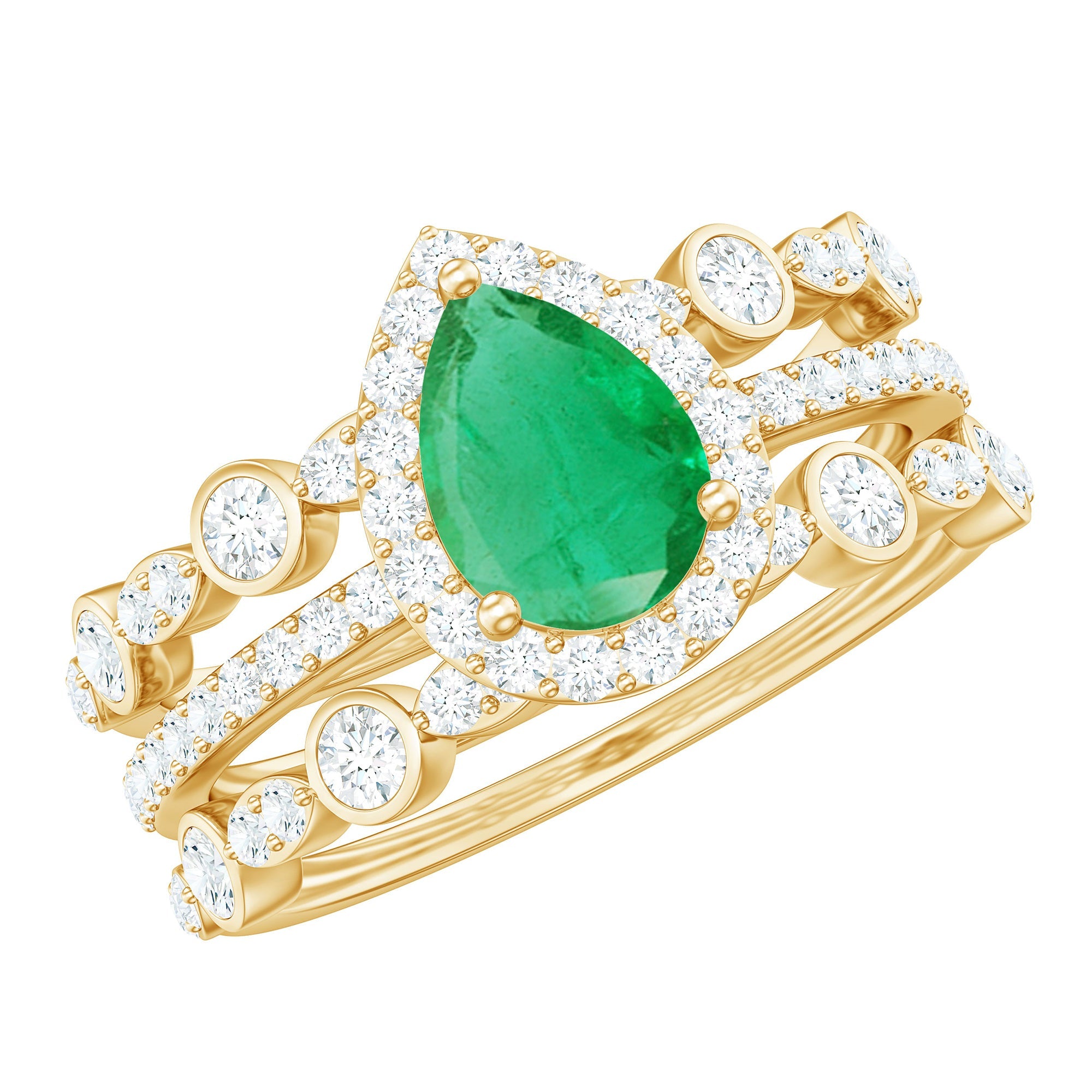 Natural Emerald Teardrop Engagement Ring and Wedding Band Set of 3
