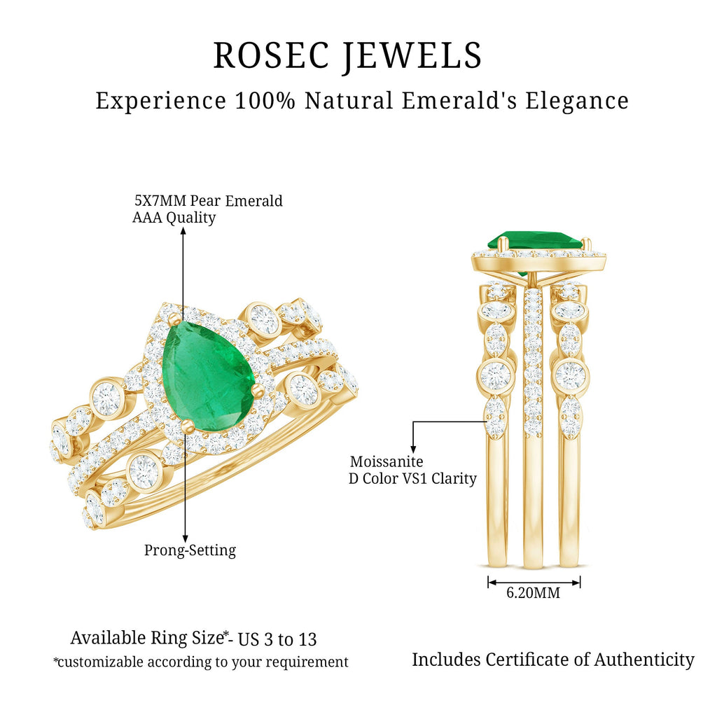Natural Emerald Teardrop Engagement Ring and Wedding Band Set of 3