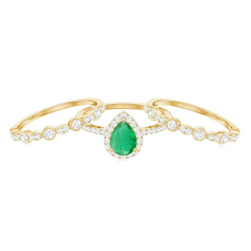 Natural Emerald Teardrop Engagement Ring and Wedding Band Set of 3