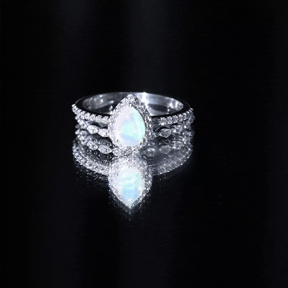 Natural Ethiopian Opal Diamond Pear Shaped Engagement Ring and Wedding Band Set