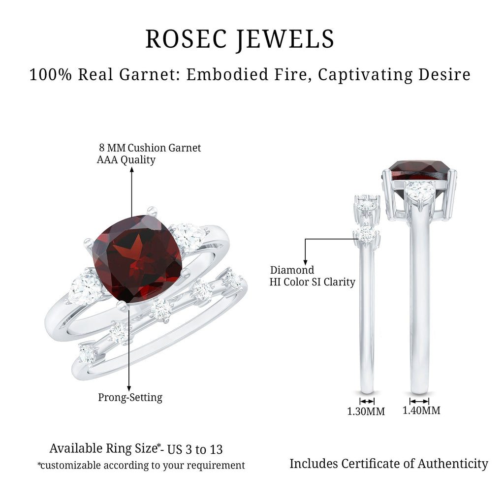 Natural 8 mm Cushion Cut Garnet Diamond Wedding Bridal Ring Set