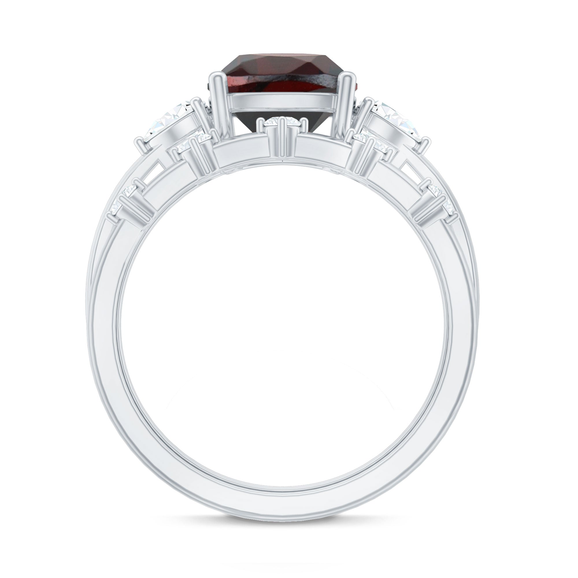 Natural 8 mm Cushion Cut Garnet Diamond Wedding Bridal Ring Set