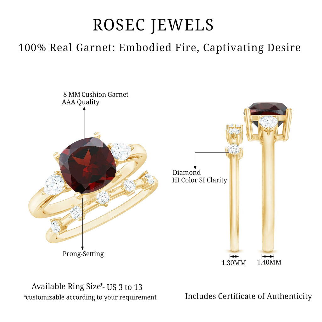 Natural 8 mm Cushion Cut Garnet Diamond Wedding Bridal Ring Set