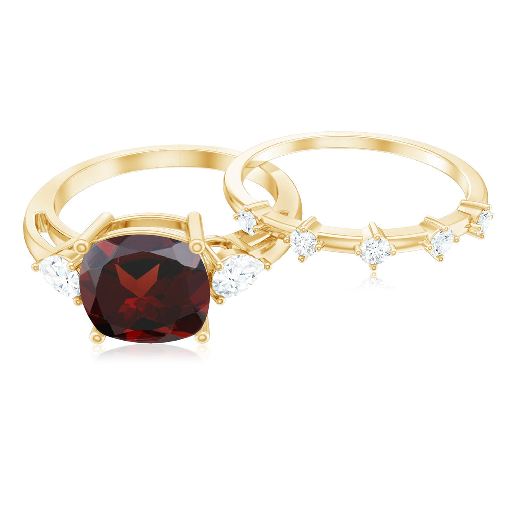 Natural 8 mm Cushion Cut Garnet Diamond Wedding Bridal Ring Set