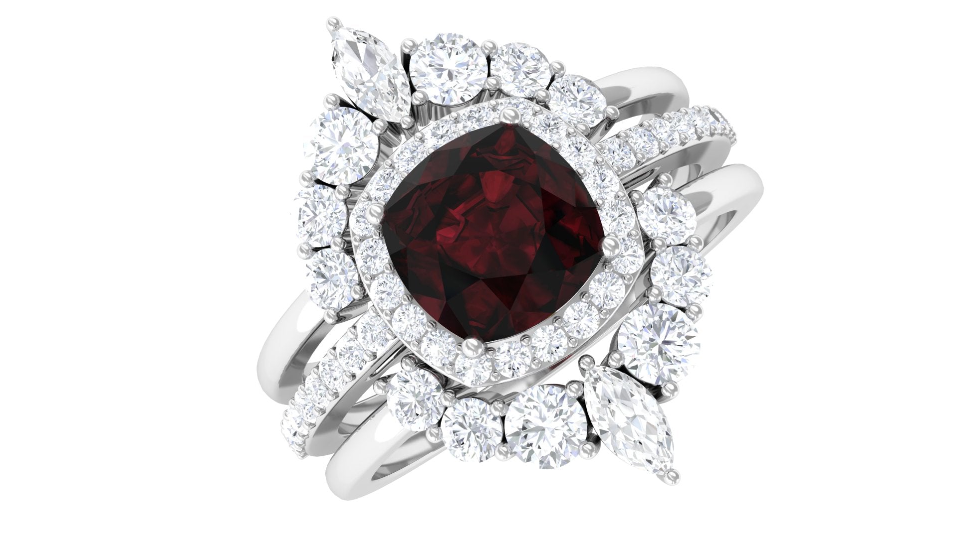 Natural 8mm Cushion Cut Garnet Statement Bridal Ring Set
