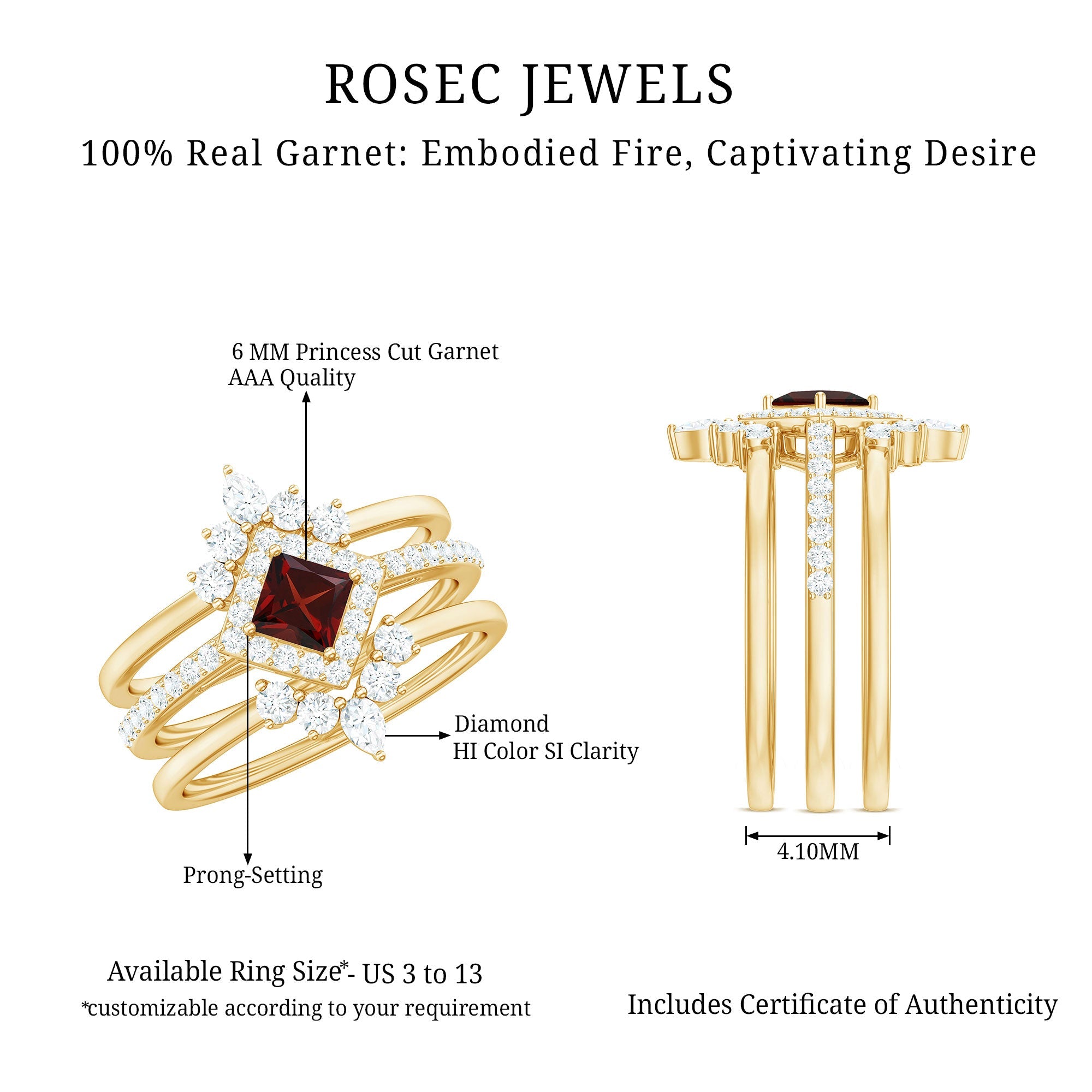 Natural Garnet Diamond 3 Piece Bridal Ring Set