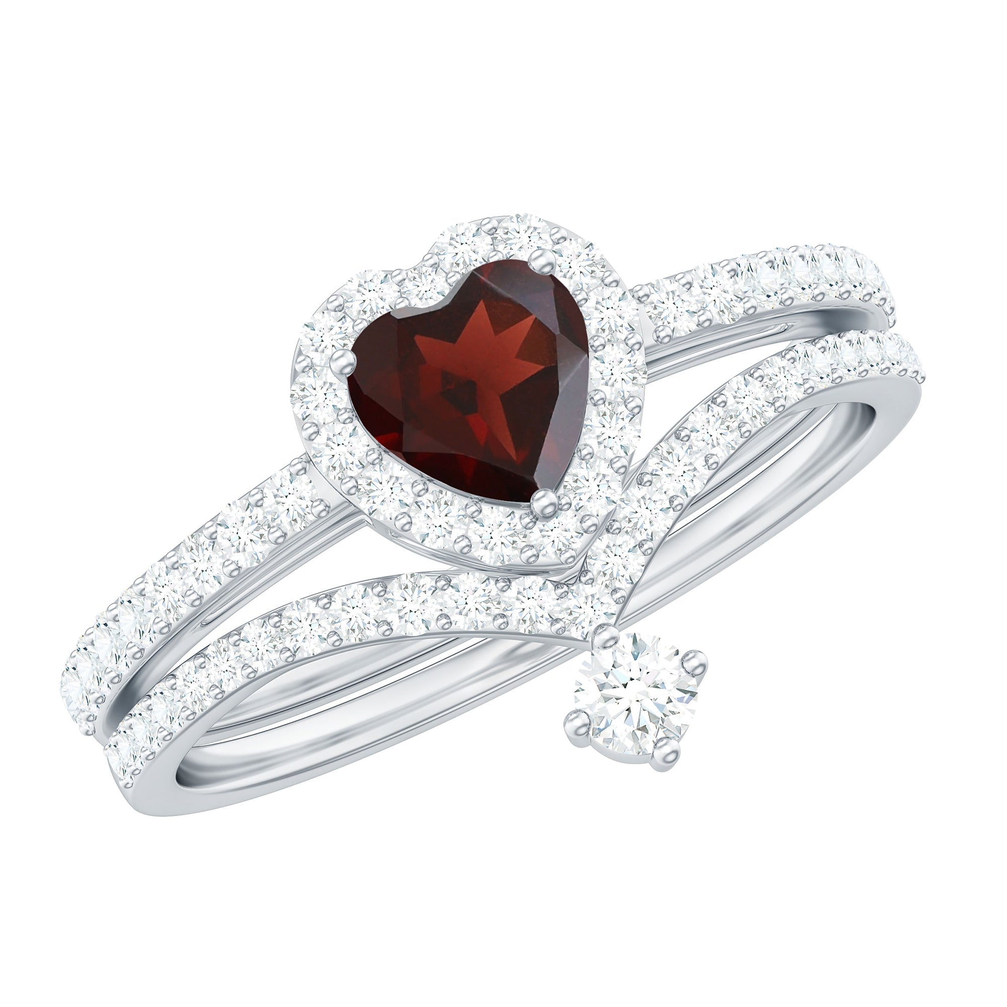 Natural Garnet Diamond Heart Engagement Ring Wedding Band Set