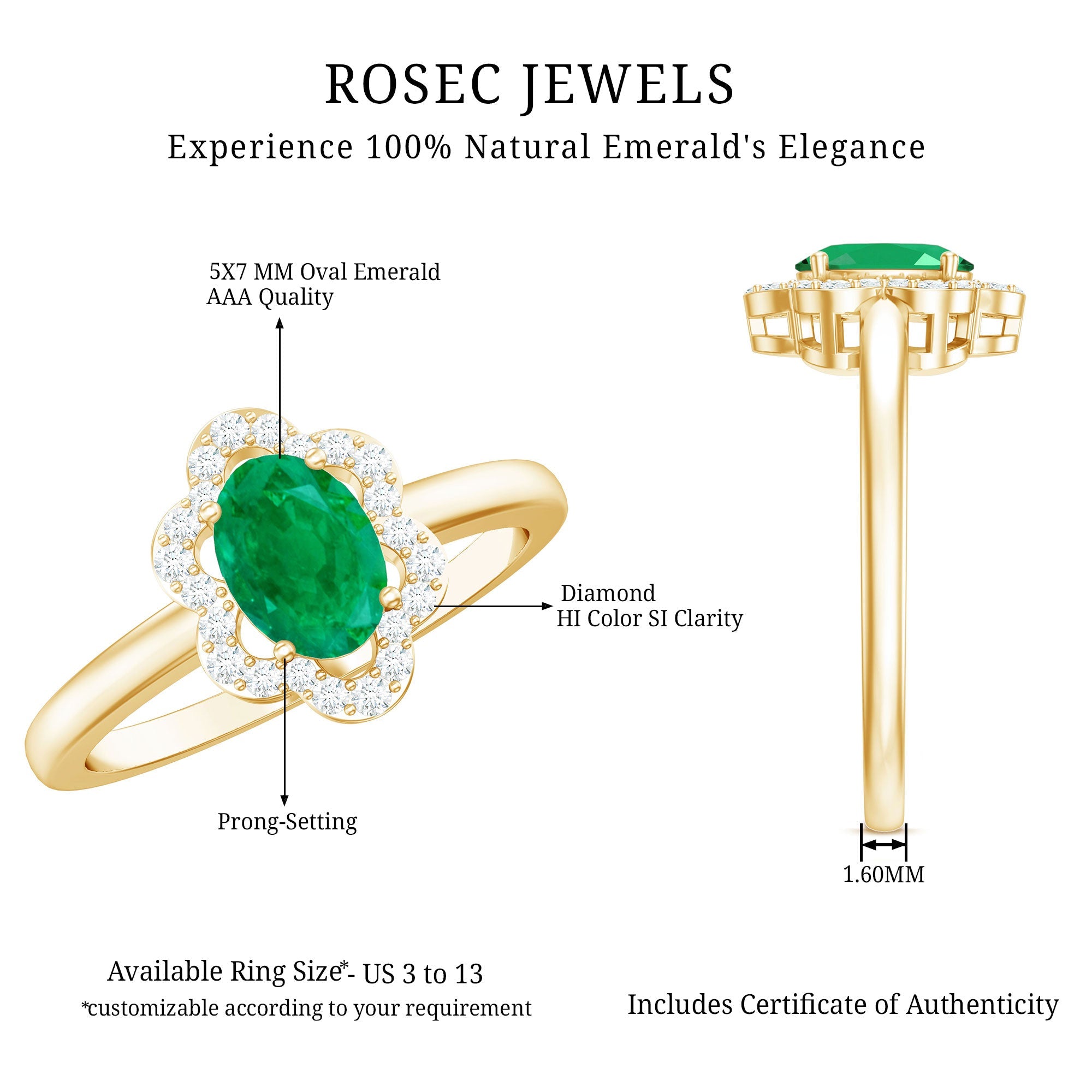 Natural 5X7mm Oval Emerald Engagement Ring with Diamond