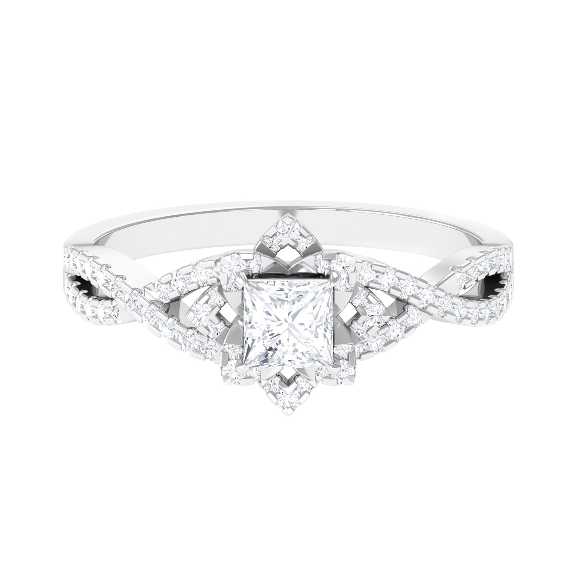 Natural Princess Cut Diamond Flower Engagement Ring with Crossover Shank
