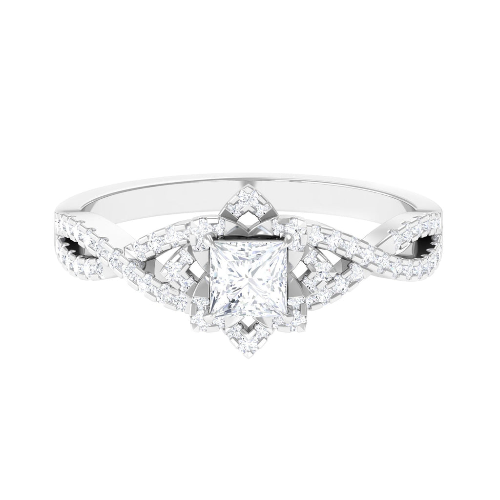 Natural Princess Cut Diamond Flower Engagement Ring with Crossover Shank