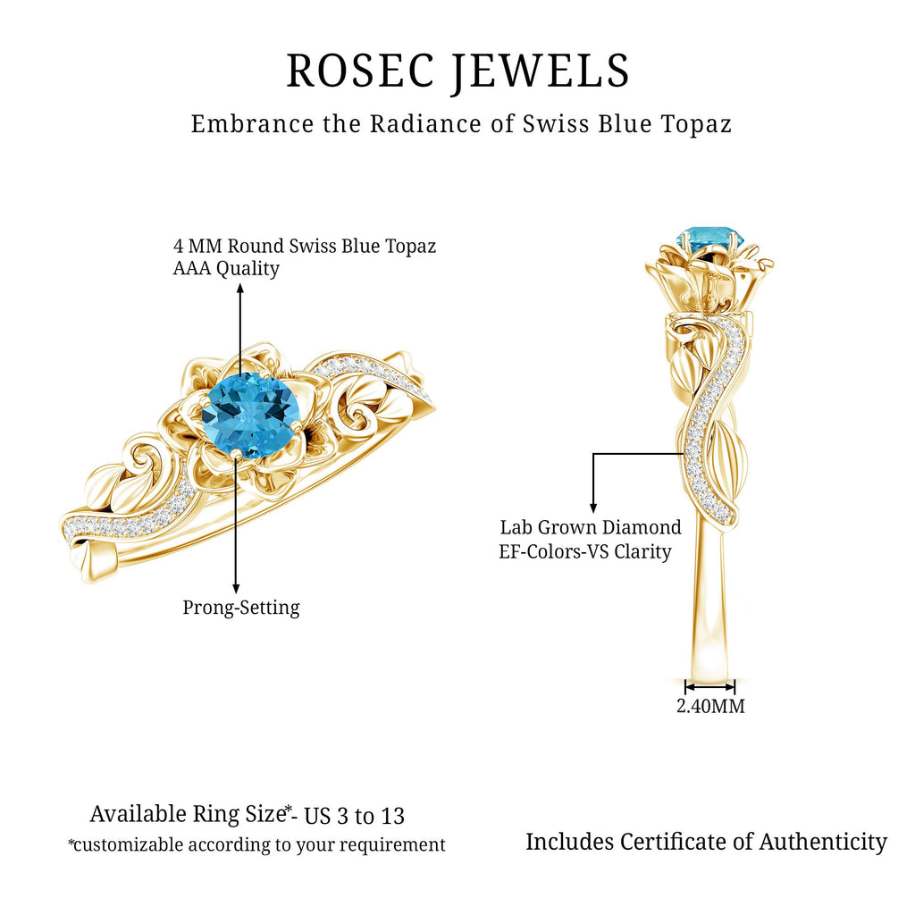 Natural Swiss Blue Topaz Flower Engagement Ring in Gold Plated Silver