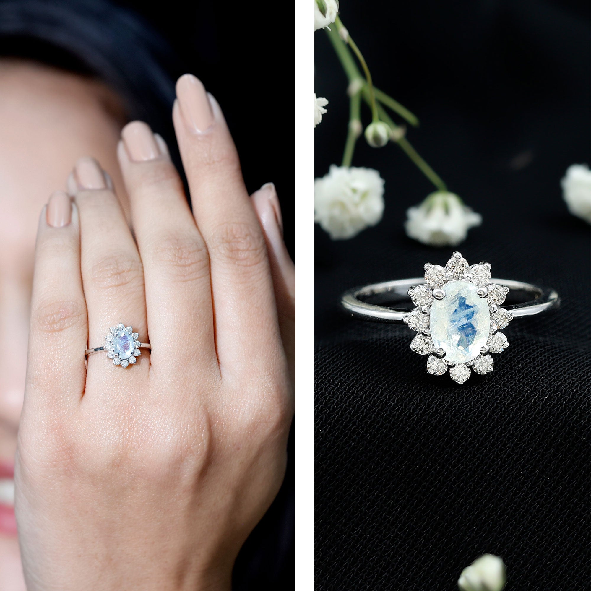 Natural 1 Carat Oval Cut Moonstone and Diamond Engagement Ring