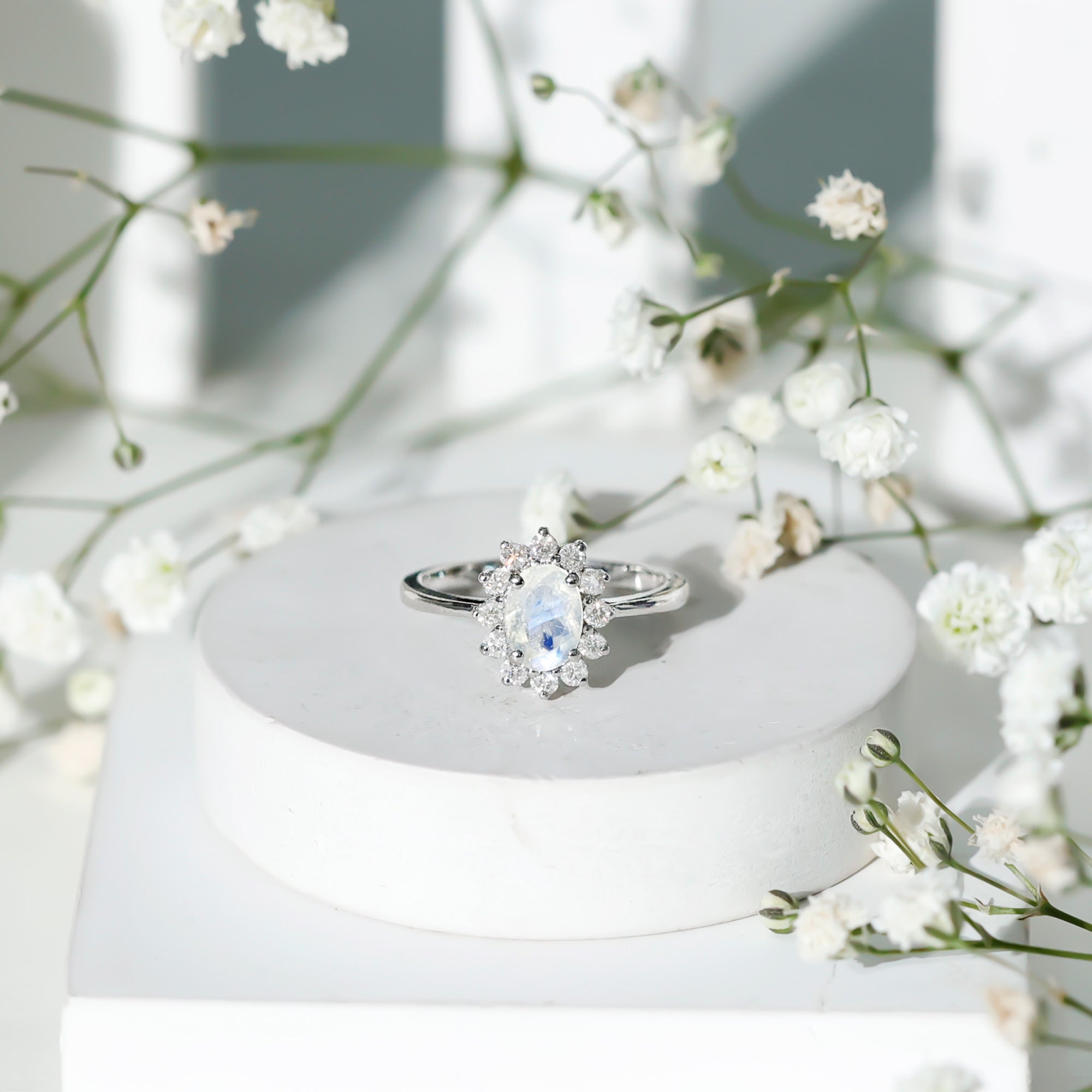 Natural 1 Carat Oval Cut Moonstone and Diamond Engagement Ring