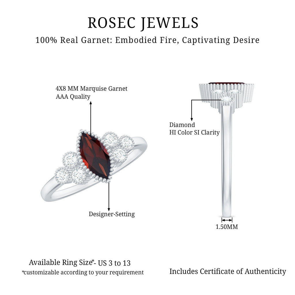 Natural 4X8mm Garnet Marquise Engagement Ring with Diamond