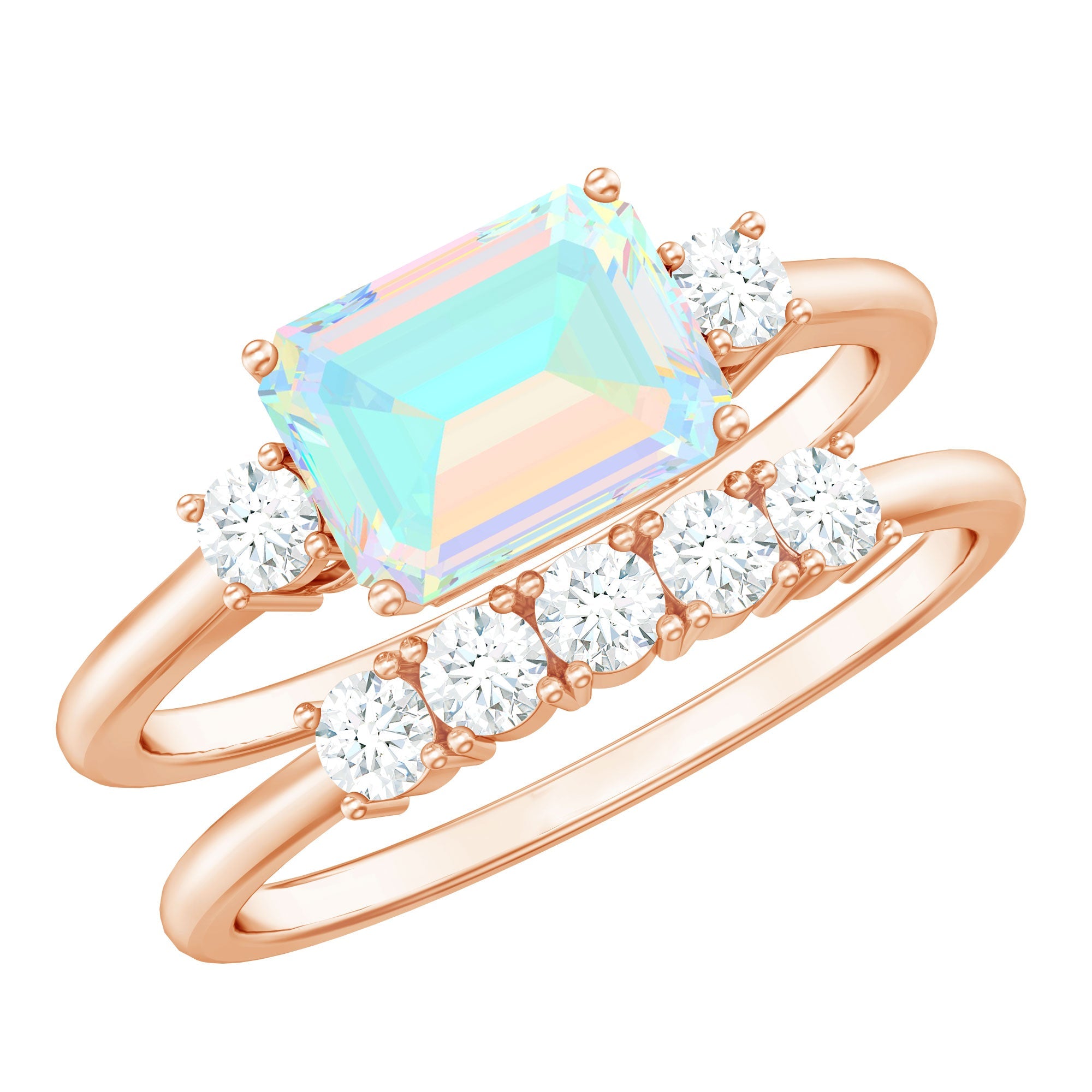 Natural Ethiopian Opal Diamond Emerald Cut Engagement Ring and Wedding Band Set