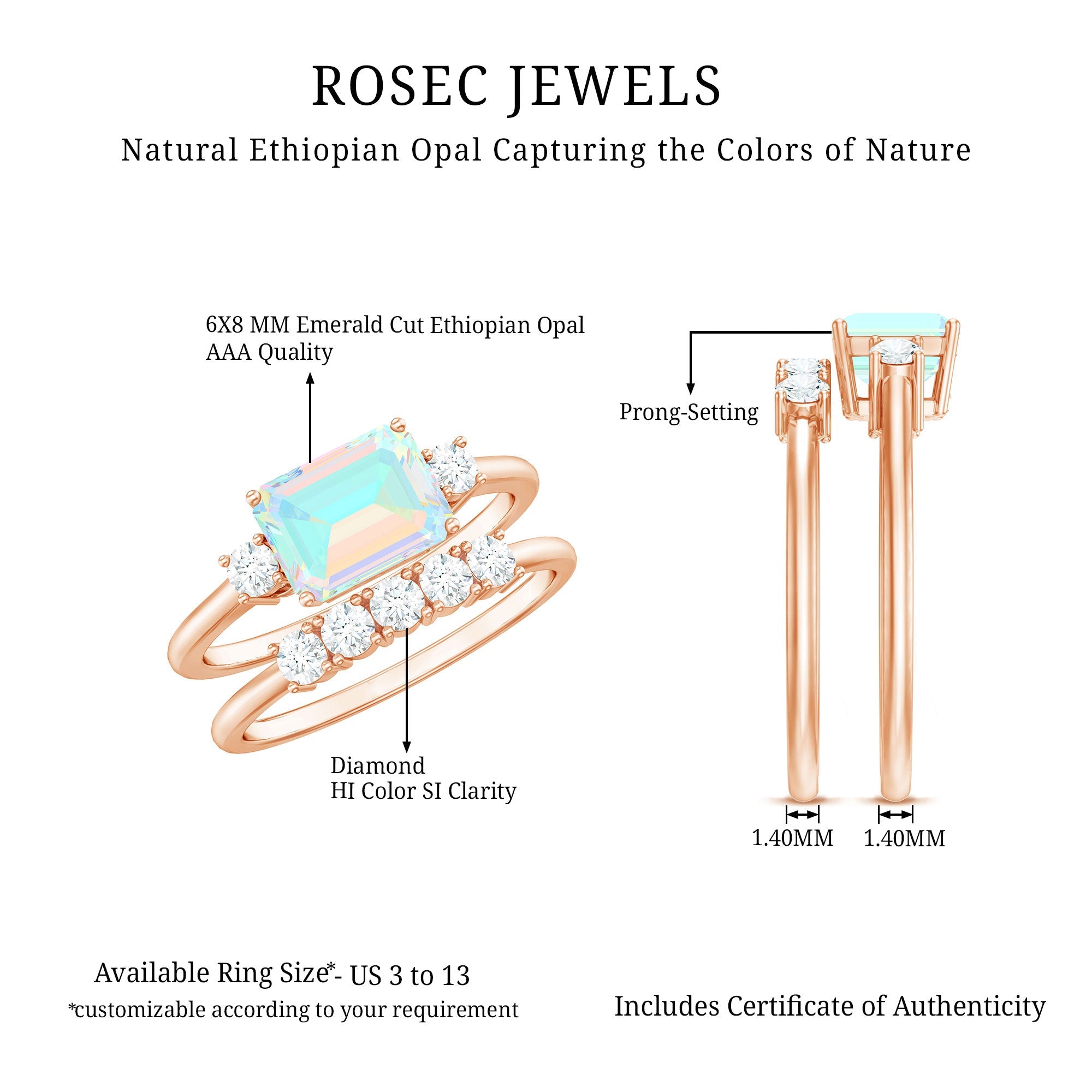 Natural Ethiopian Opal Diamond Emerald Cut Engagement Ring and Wedding Band Set
