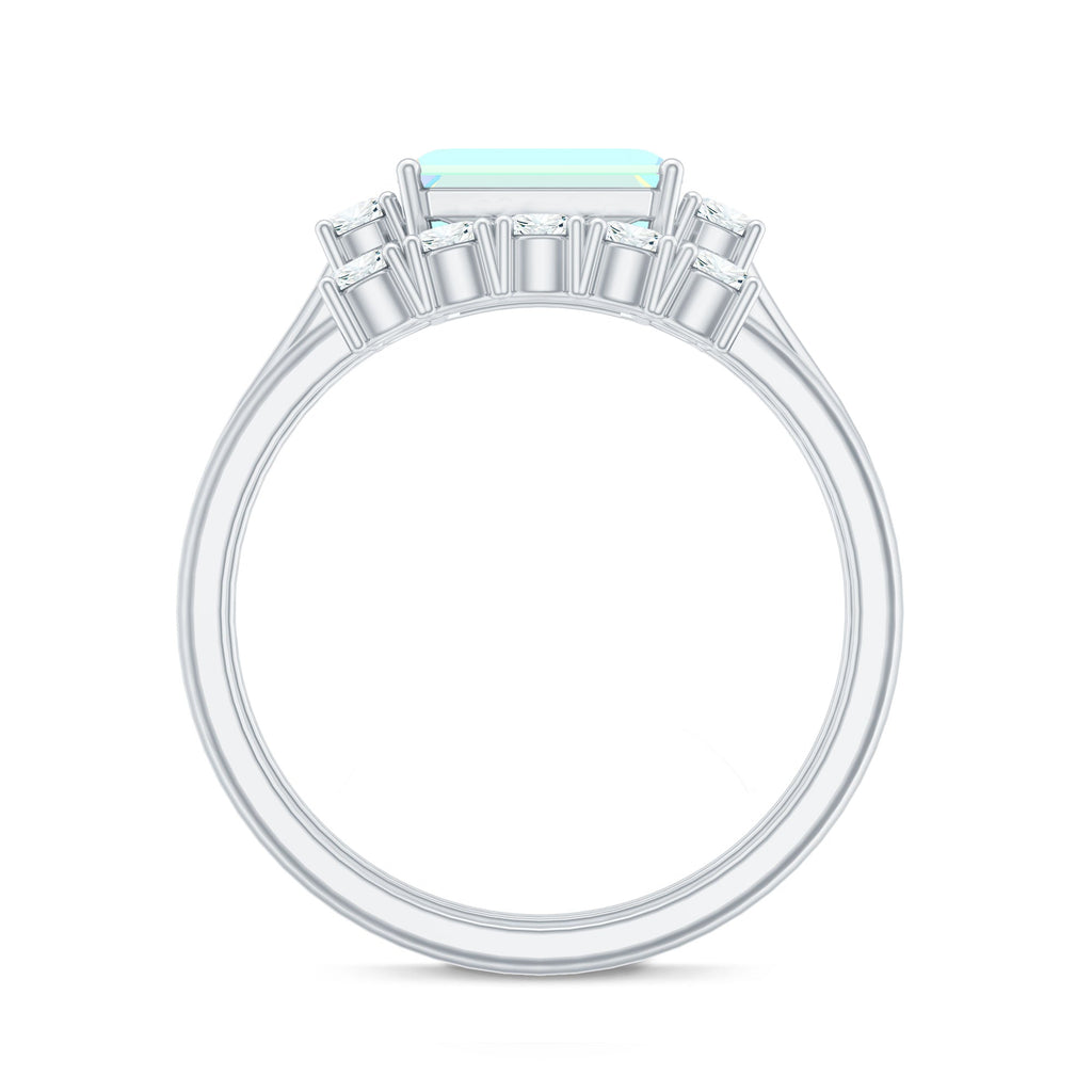 Natural Ethiopian Opal Diamond Emerald Cut Engagement Ring and Wedding Band Set