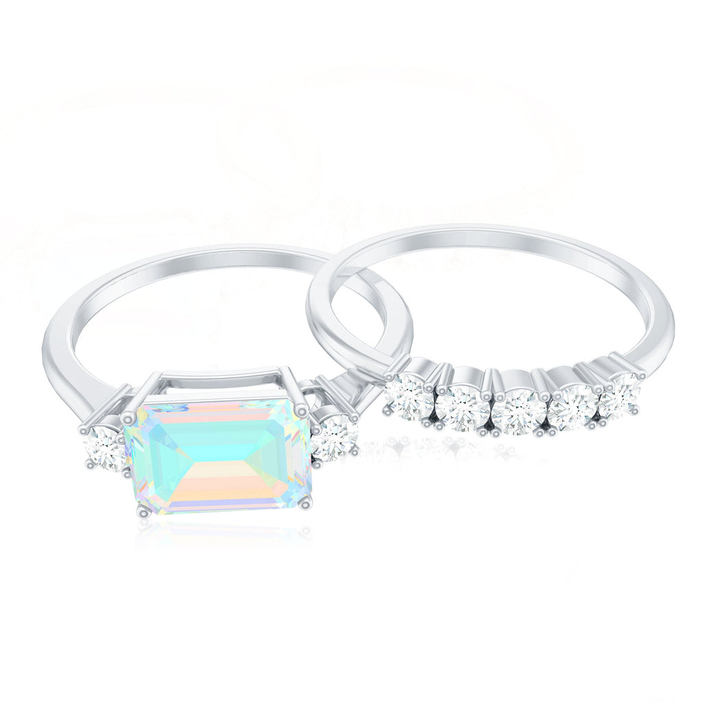Natural Ethiopian Opal Diamond Emerald Cut Engagement Ring and Wedding Band Set