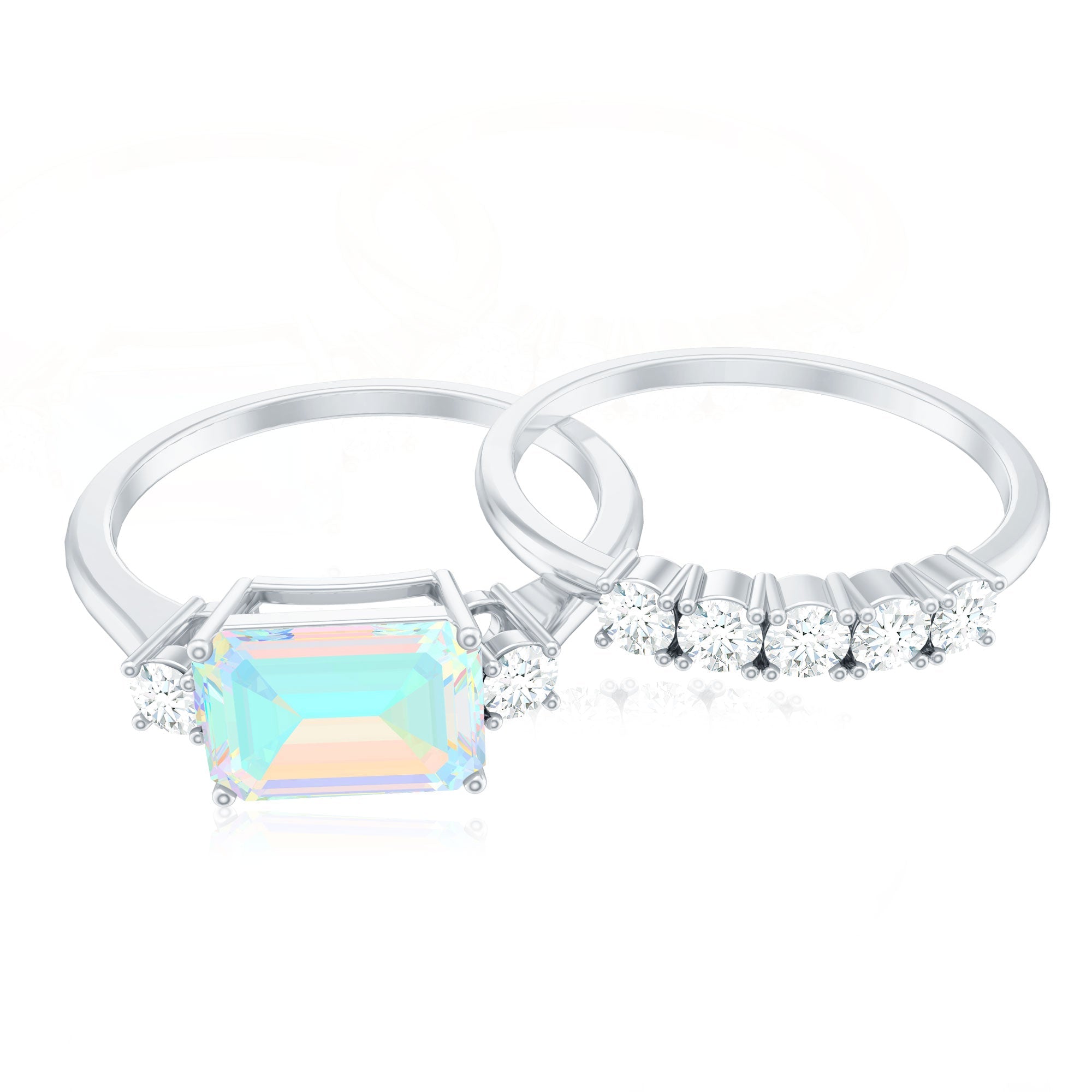 Natural Ethiopian Opal Diamond Emerald Cut Engagement Ring and Wedding Band Set