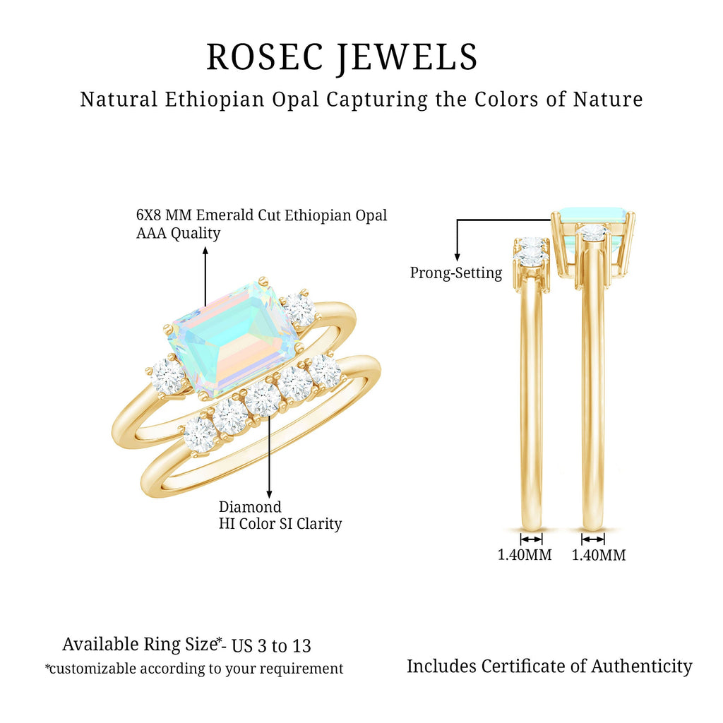 Natural Ethiopian Opal Diamond Emerald Cut Engagement Ring and Wedding Band Set