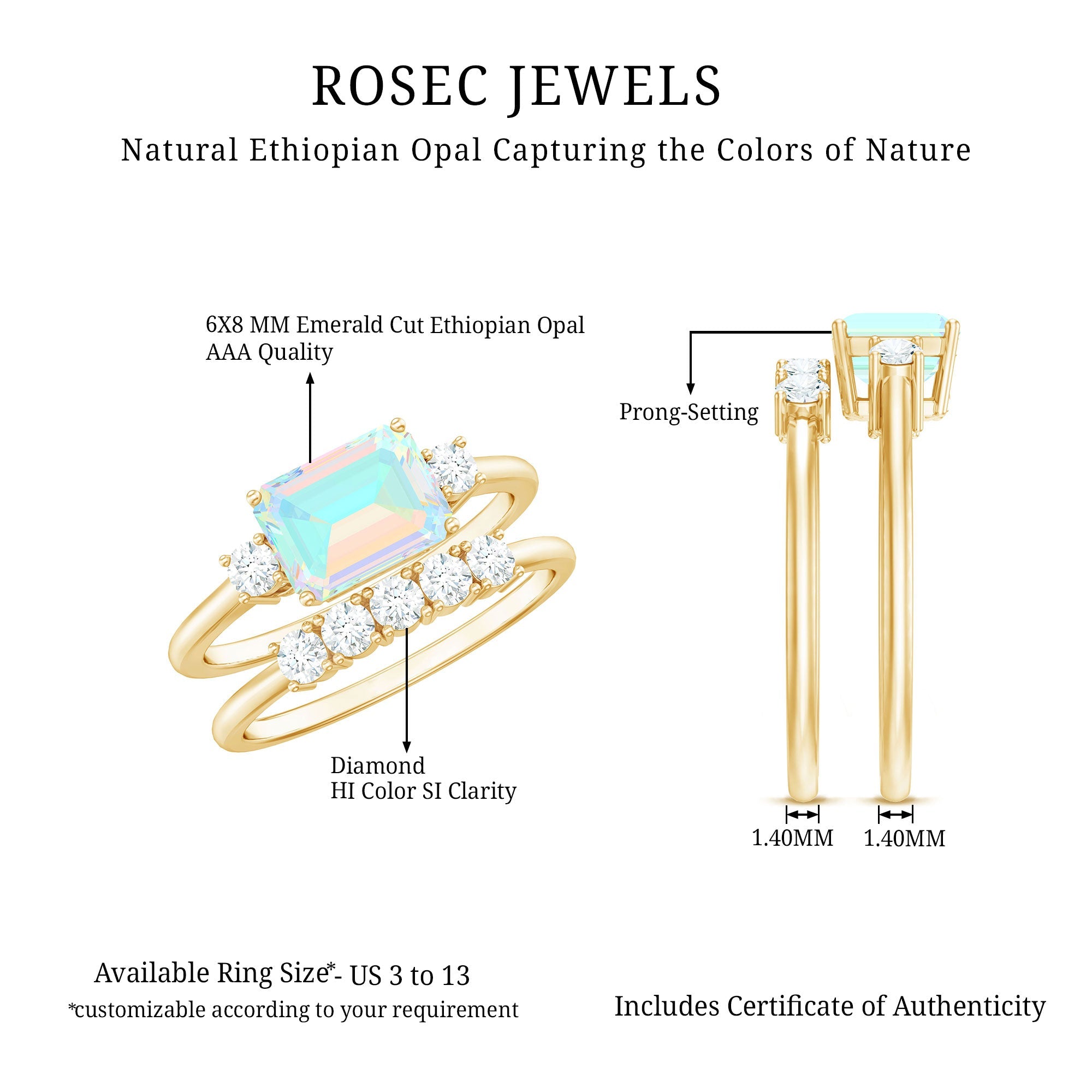Natural Ethiopian Opal Diamond Emerald Cut Engagement Ring and Wedding Band Set