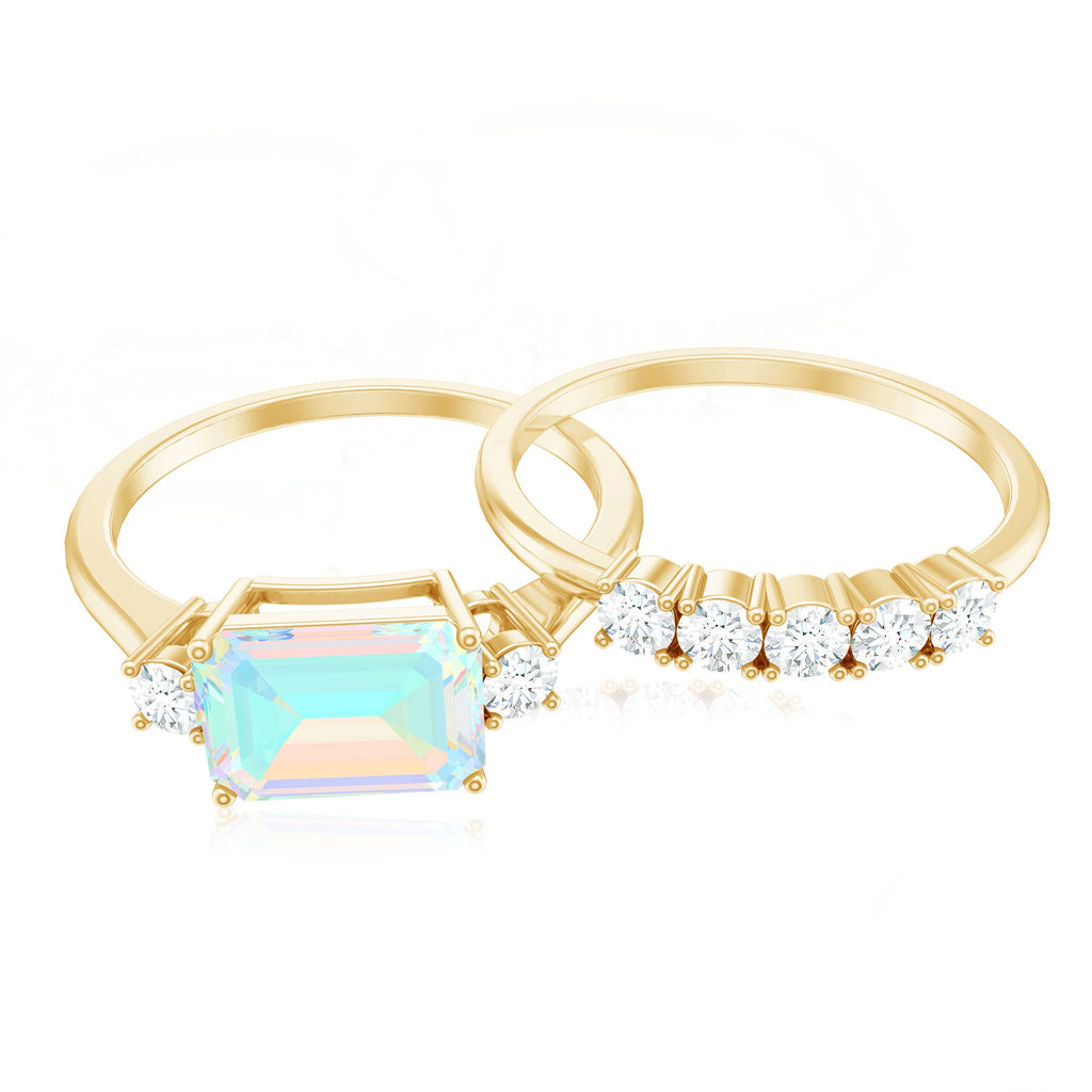 Natural Ethiopian Opal Diamond Emerald Cut Engagement Ring and Wedding Band Set