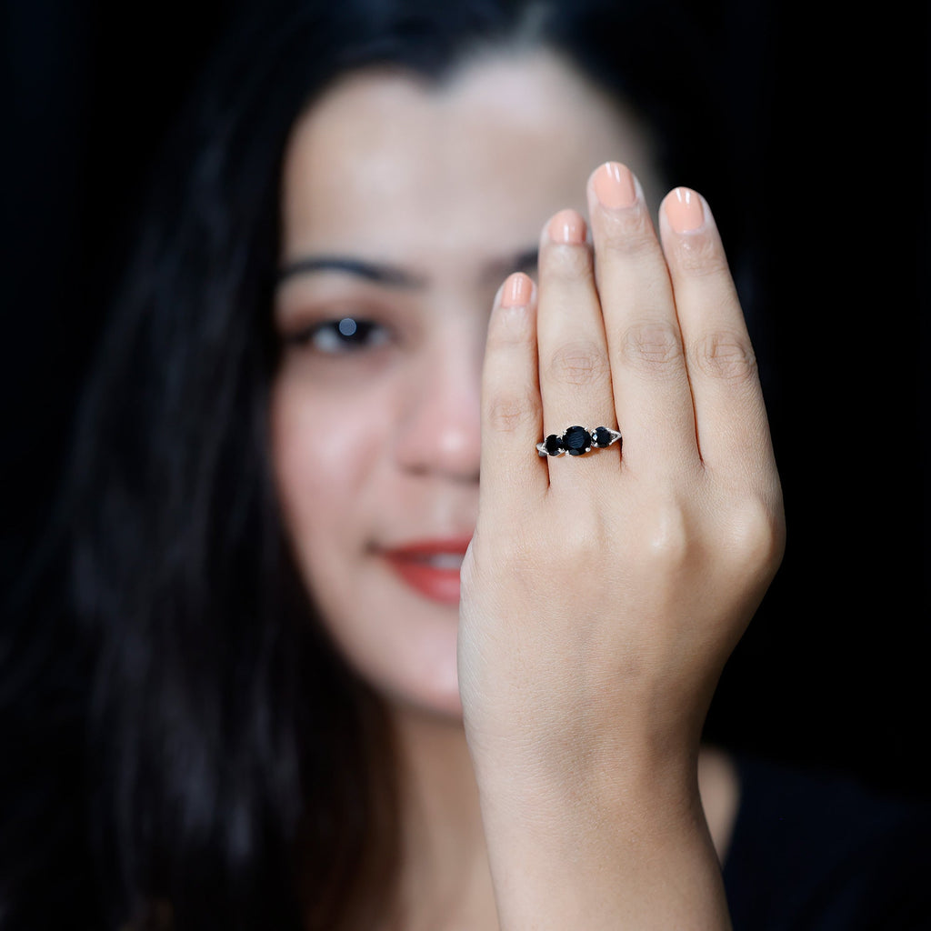 Natural Black Spinel 3 Stone Engagement Ring for Women